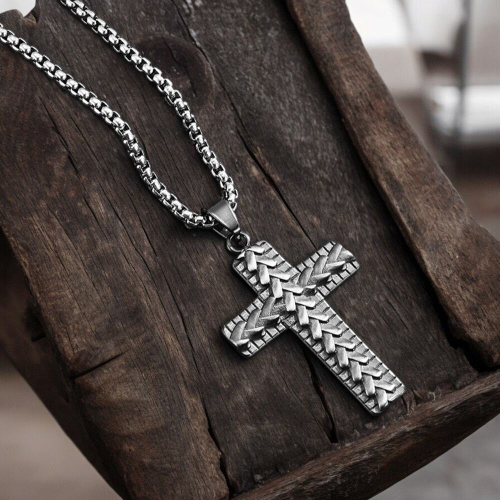 NEW stainless steel cast woven cross Christian men's necklace jewelry B27A